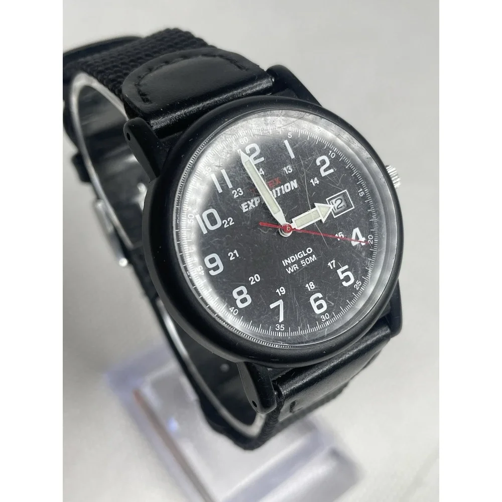 Timex Expedition Camper Watch T40011 Military Style Indiglo Black Leather Fabric